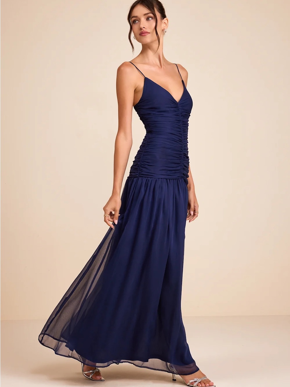Lulu's Navy Ruched Spaghetti-Strap Maxi Gown - Picture 2 of 9